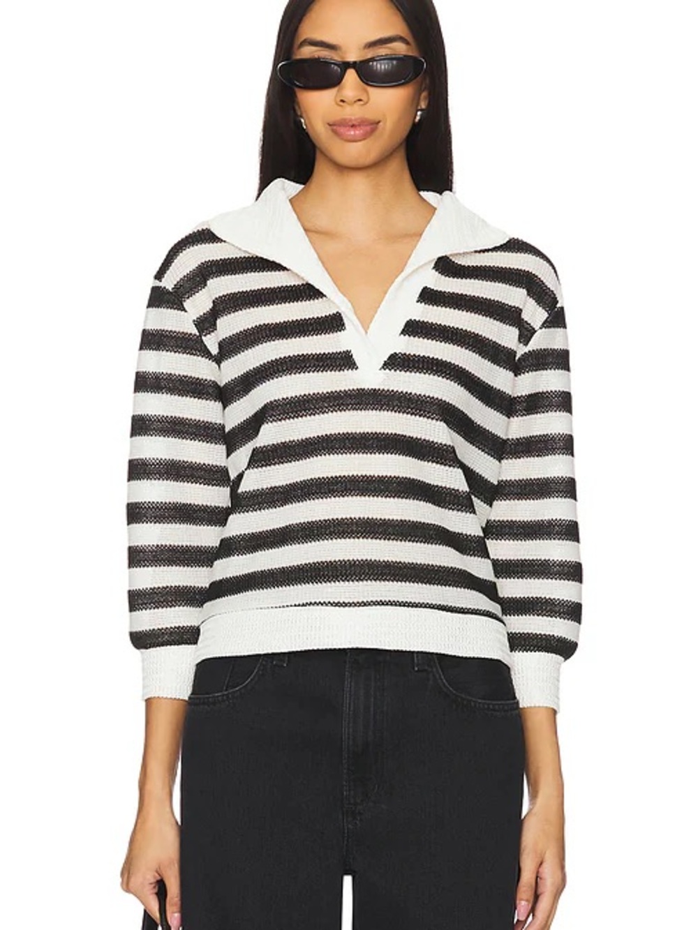 LIONESS Banks Cropped Jersey Collared 3/4 Sleeve Top Lightweight Knit Sweater Sm